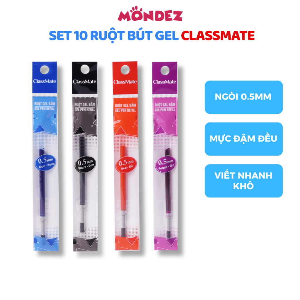 Set 10 Ruột Bút Gel CLASSMATE Ngòi Bút Gel 0.5m Màu Xanh Đen Tím Đỏ, Viết Trơn, Nhanh Khô, Đều Mực