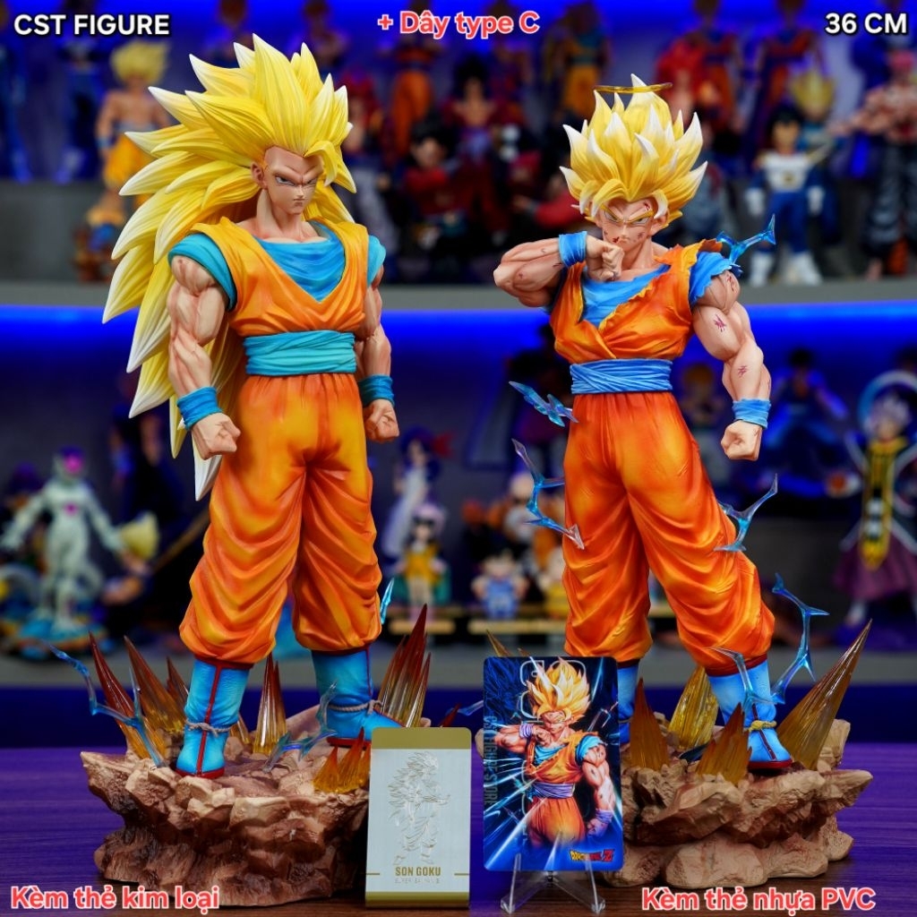 Mô hình Goku ssj2 JJ 34cm tặng thẻ nhựa+ Goku ssj3 ZW 36cm tặng kèm thẻ kim loại