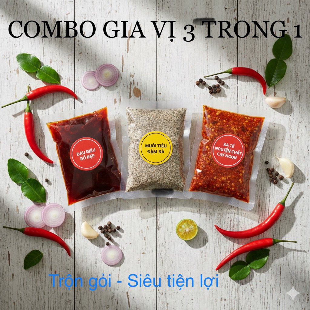 Combo 3 gói gia vị trộn gỏi gà vịt (Dầu điều, Muối tiêu, Sa tế) - Chuẩn vị, tiện lợi".