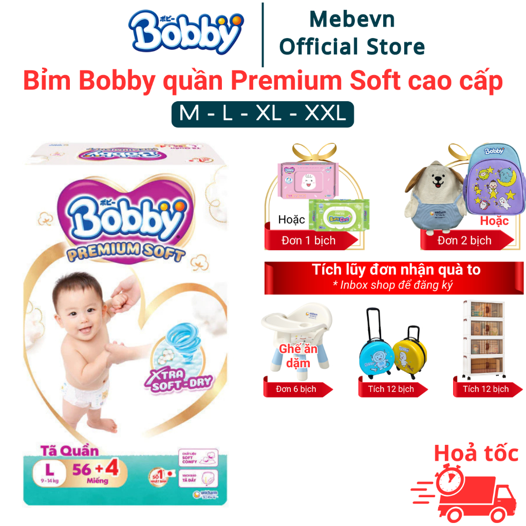 bỉm bobby quần Premium Soft cao cấp, bỉm bobby chính hãng siêu thấm hút, mềm mại an toàn cho da bé