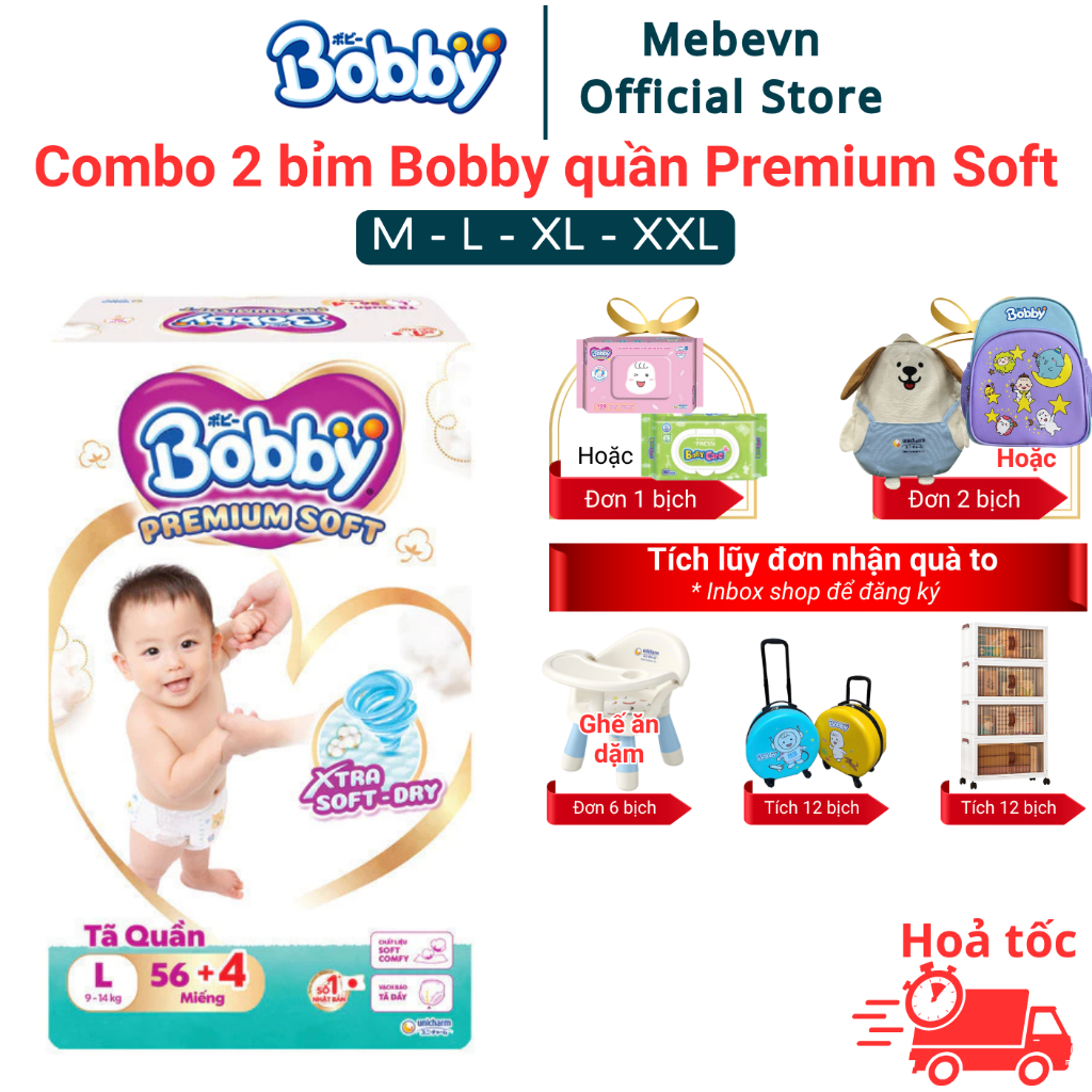 Combo 2 bỉm bobby quần Premium Soft cao cấp, bỉm bobby chính hãng siêu thấm hút và mềm mại