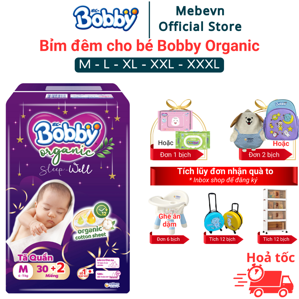 Bỉm đêm cho bé Bobby Organic cao cấp, bỉm bobby quần chính hãng siêu thấm hút đến 12 tiếng