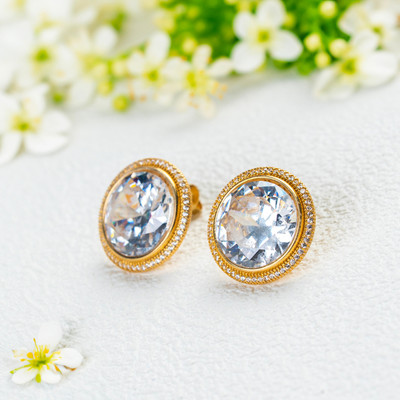 Bông Tai Bạc 925 Mạ Vàng Đính Đá CZ Size Lớn 13ly Xinh Xắn - Ngọc Trai Trường Thịnh
