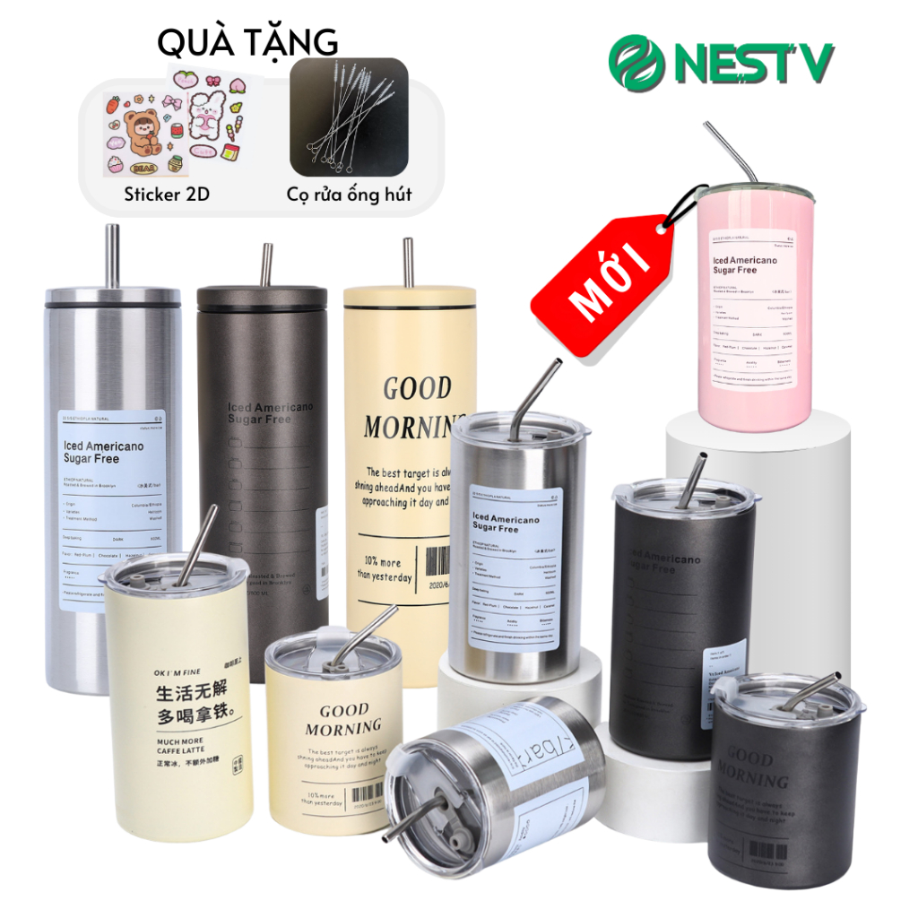 [KÈM ỐNG HÚT] Bình nước giữ nhiệt, ly giữ nhiệt Iced Americano inox 304 đúc liền khối cao cấp có nắp đậy