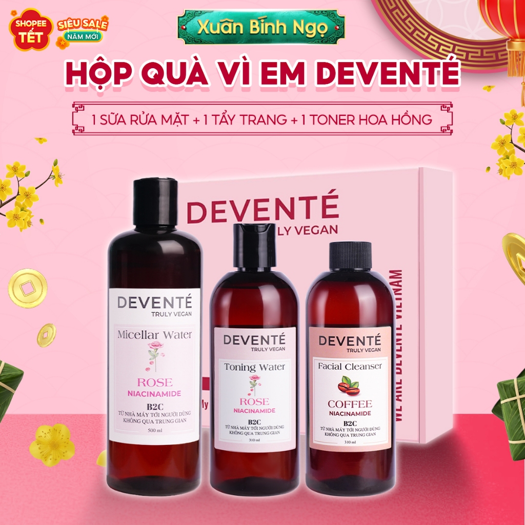 Hộp Quà TẾT VÌ EM DEVENTE Gồm Sữa Rửa Mặt 310ml + Tẩy Trang 500ml + Toner 310ml