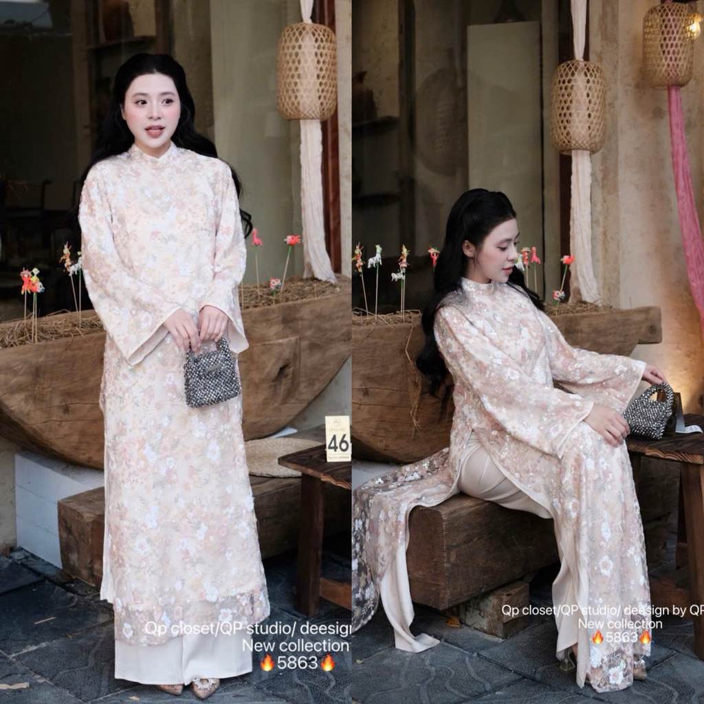 Áo dài hoa nhí kim sa bling bling 5863