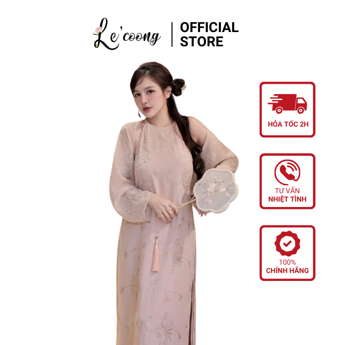 Áo Dài Yếm Thêu Hoa Hồng Be LECOONG AD13 Kèm Áo Choàng Quần Lụa Sang Chảnh