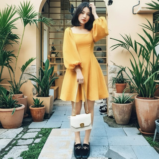 Đầm cổ vuông tay phồng dài 5 màu (kèm hình thật)