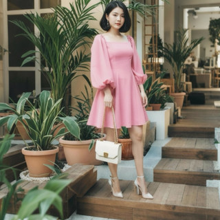 Đầm cổ vuông tay phồng dài 5 màu (kèm hình thật)