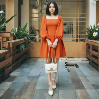 Đầm cổ vuông tay phồng dài 5 màu (kèm hình thật)
