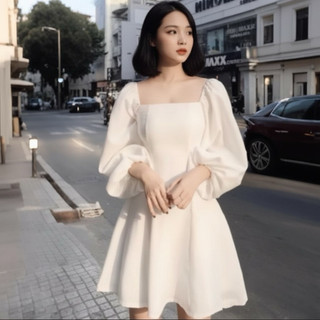 Đầm cổ vuông tay phồng dài 5 màu (kèm hình thật)