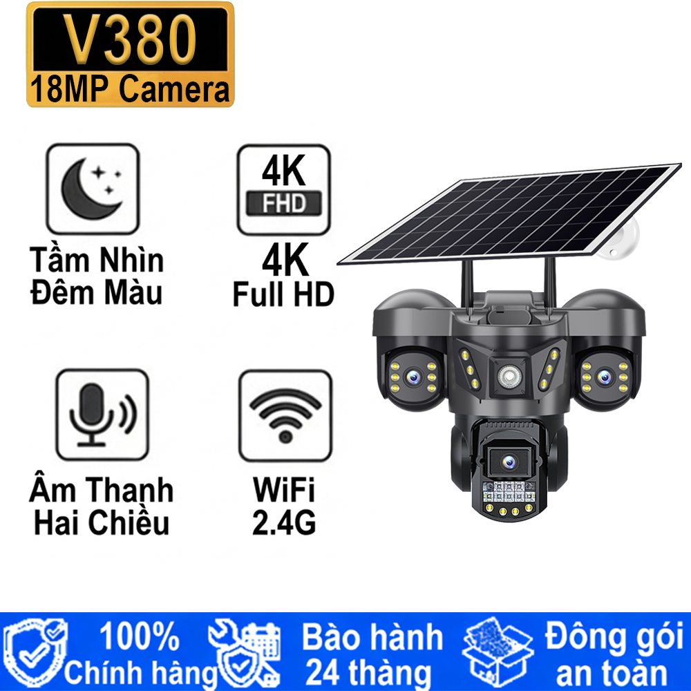 Camera 3 mắt V380 Pro Solar PTZ Năng Lượng Mặt Trời, Đa Góc, IP66, AI, 5 Năm BH