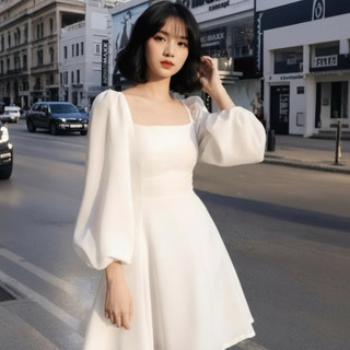 Đầm cổ vuông tay phồng dài 5 màu (kèm hình thật)