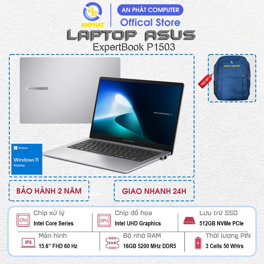 Laptop ASUS ExpertBook P1503CVA-i516-50W, Core i5-13420H, 16GB RAM, 512GB SSD, 15.6 FHD, Win11