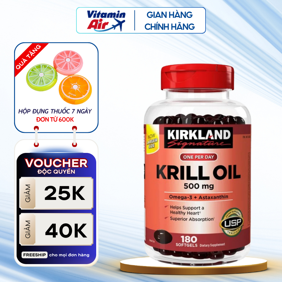 Dầu nhuyễn thể Kirkland Signature Krill Oil 500mg giảm cholesterol và ổn định huyết áp hộp 180 viên 