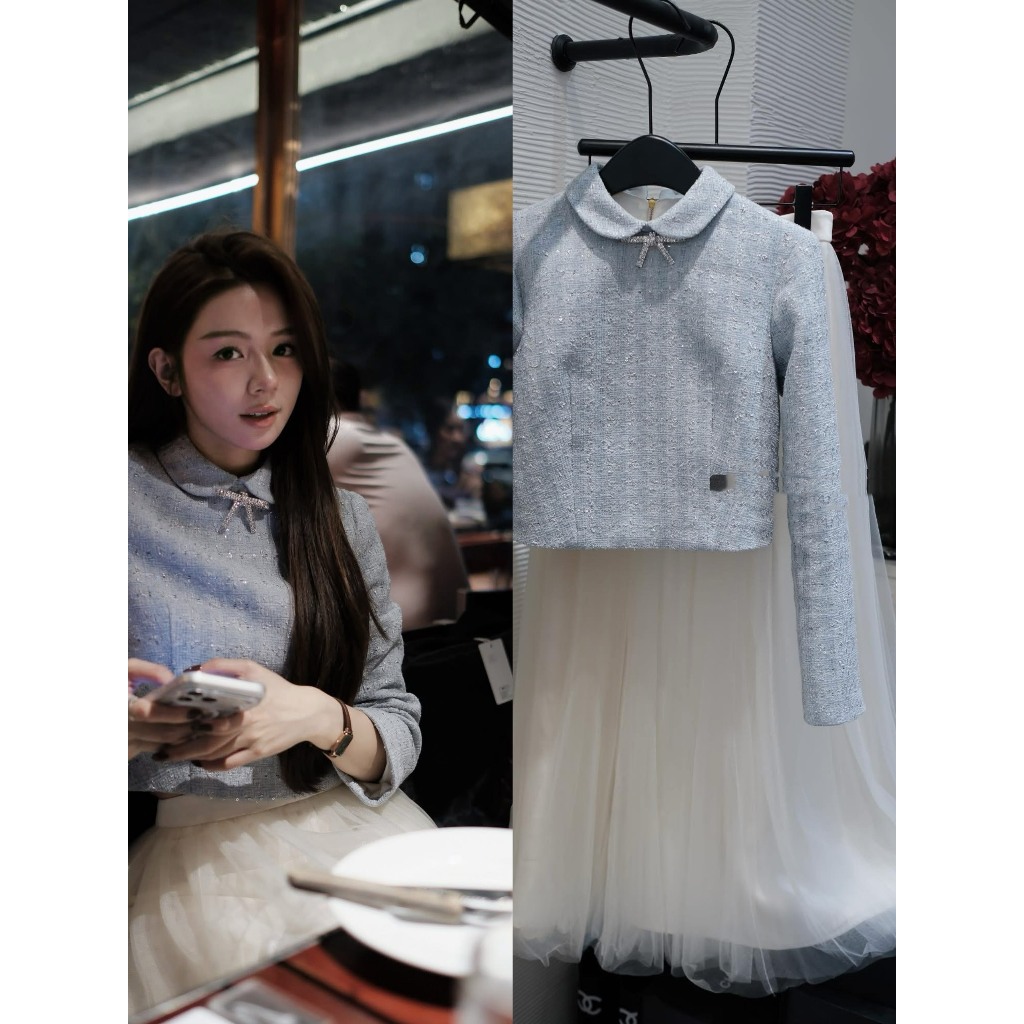 LYN- SET ÁO DẠ XANH TRẮNG DÀI TAY MIX CHÂN VÁY DÀI TỰ MAY