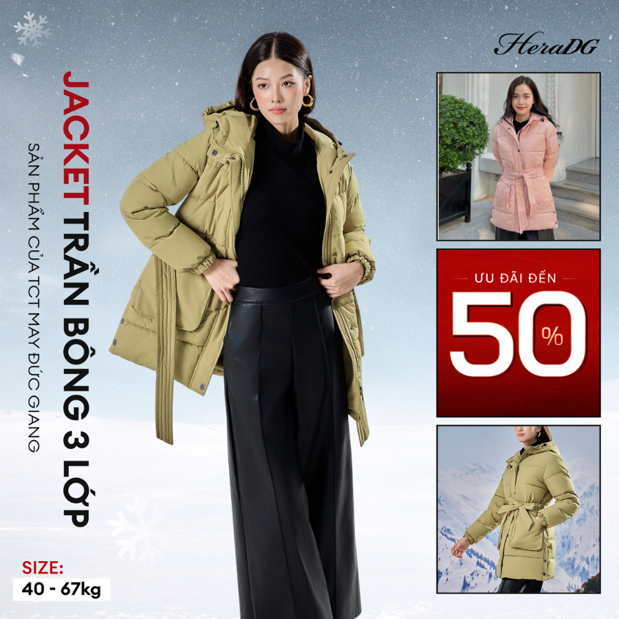 Áo khoác phao nữ dáng lỡ HeraDG mũ liền túi ốp nổi kèm đai rời nhồi bông 3 lớp công nghệ NaNo cao cấ