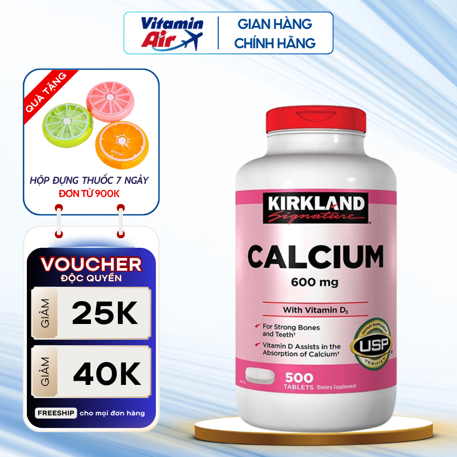 Canxi Kirkland Signature Calcium + D3 Kirkland 500 viên giúp xương, răng chắc khỏe, ngừa nguy cơ loã