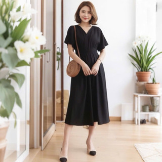 Đầm midi tay cánh dơi xếp li 2 màu (kèm hình thật)