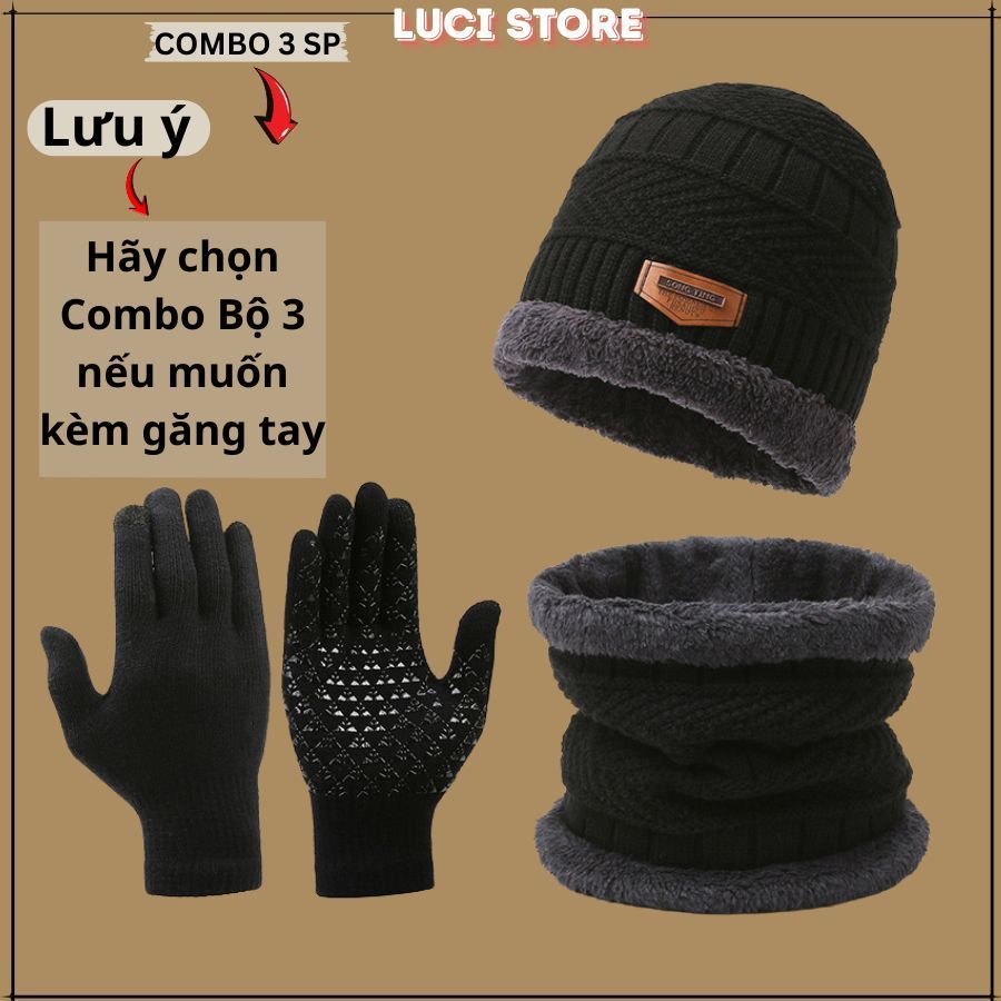 Bộ 3 mũ len nam nữ trùm đầu LUCI, Set 3 món nón len kèm khăn quàng cổ và găng tay giữ ấm mùa đông chống lạnh