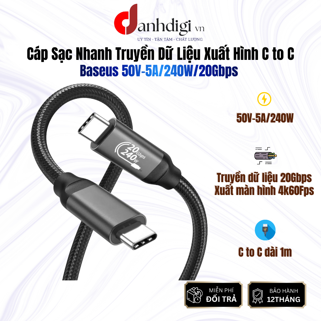 Cáp sạc nhanh truyền dữ liệu Baseus 240W 20Gbps C to C bọc dù dài 1m, truyền dữ liệu 20Gbps, xuất mà