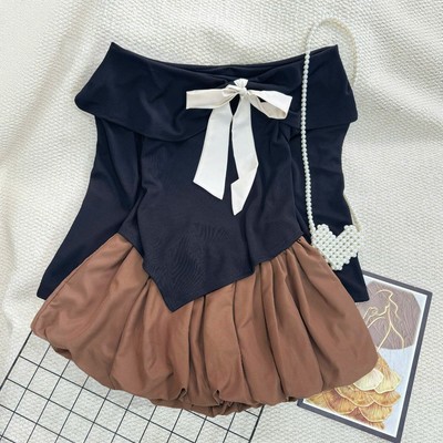 Set Áo Váy Bigsize Nữ Áo Trễ Vai Phối Nơ Mix Chân Váy Bí Ngắn Xòe Bồng Dễ Thương A342+CV413