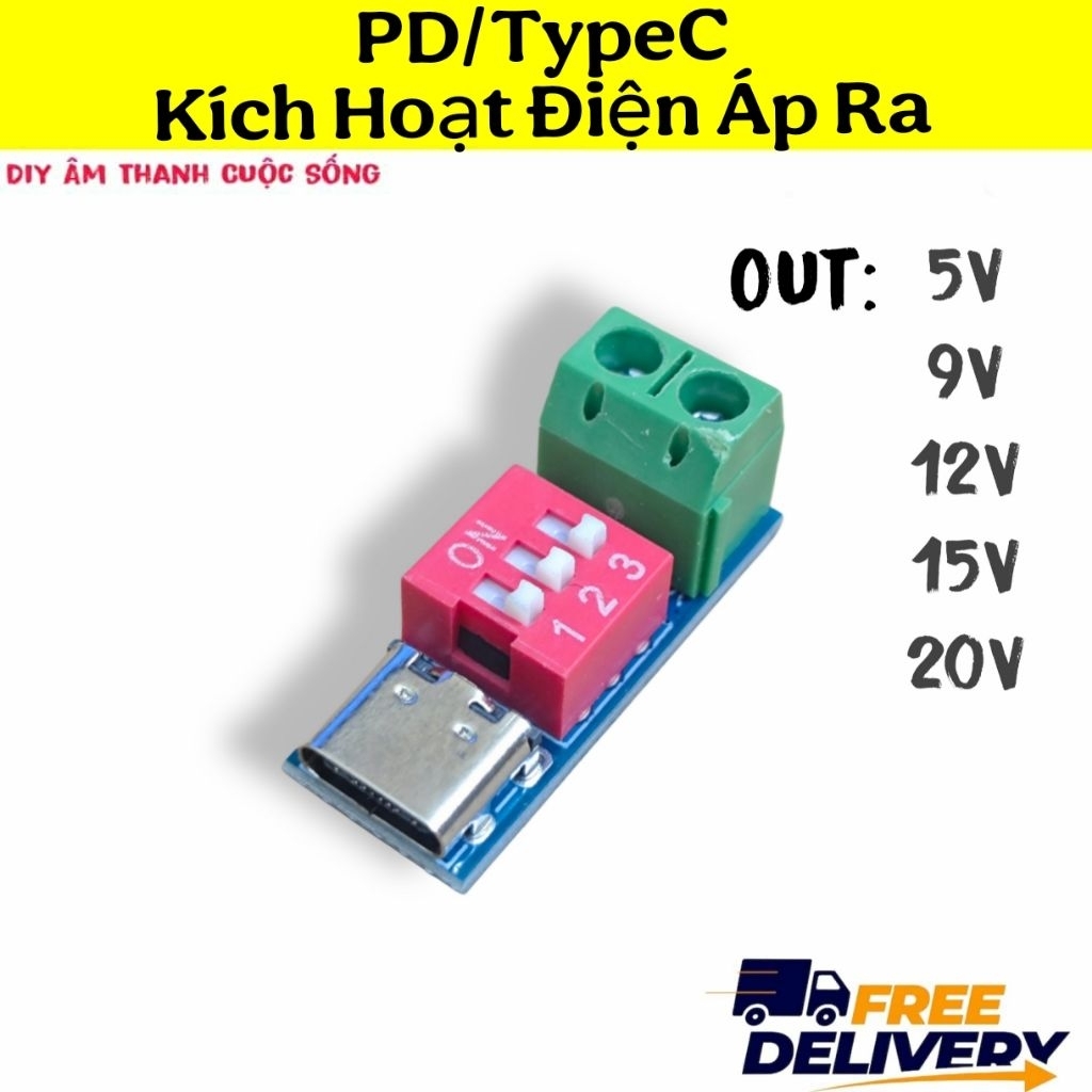 Mạch PD Usb TypeC Kích Hoạt Tăng Điện Áp Ra 5V 9V 12V 15V 20V 100W Diy -
