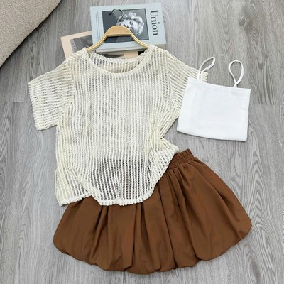 Set 3 Món Bigsize Nữ Áo Thun Lưới Tay Ngắn Mix Chân Váy Bí Và Áo Hai Dây A318+G118+CV413