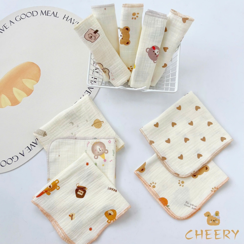 Set 5 khăn xô Cherry muslin 2 lớp siêu thấm hút,mềm mại dành cho bé sơ sinh(size 28x28cm)