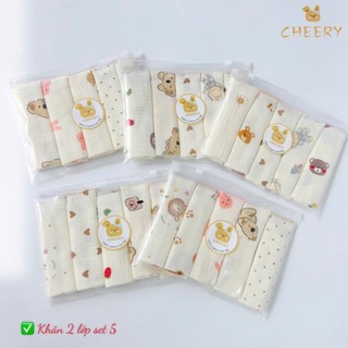Set 5 khăn xô Cherry muslin 2 lớp siêu thấm hút,mềm mại dành cho bé sơ sinh(size 28x28cm)