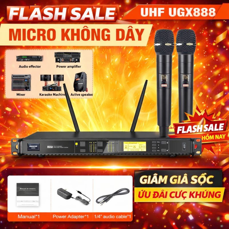 Micro Không Dây SHURE UGX888 ,2 Anten, Có Lọc Âm, Lọc nhiễu, Nâng tâng giọng yếu ,Màn hình Hiển Thị 