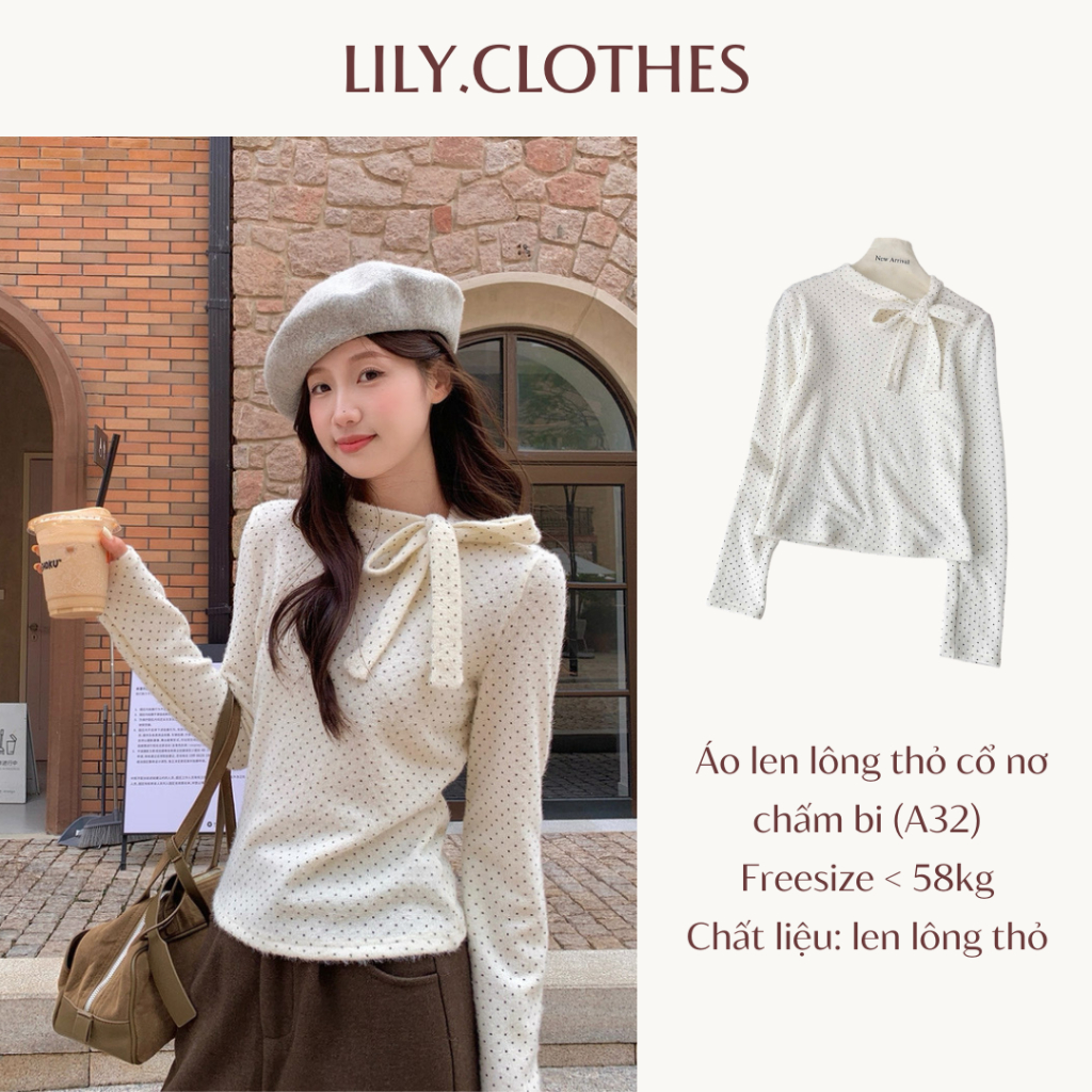 Lily.clothes- Áo len lông thỏ cổ nơ hoạ tiết chấm bi điệu đà hàng QC (A32)