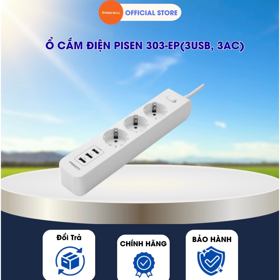 Zidli Ổ cắm điện Pisen 303-EP(3USB, 3AC) - ổ căm thông minh, đa năng tiện ích Pisen