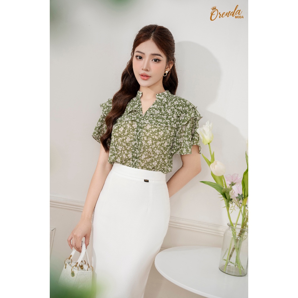 ORENDA MODA - Sơ mi hoa nhí cổ V trụ