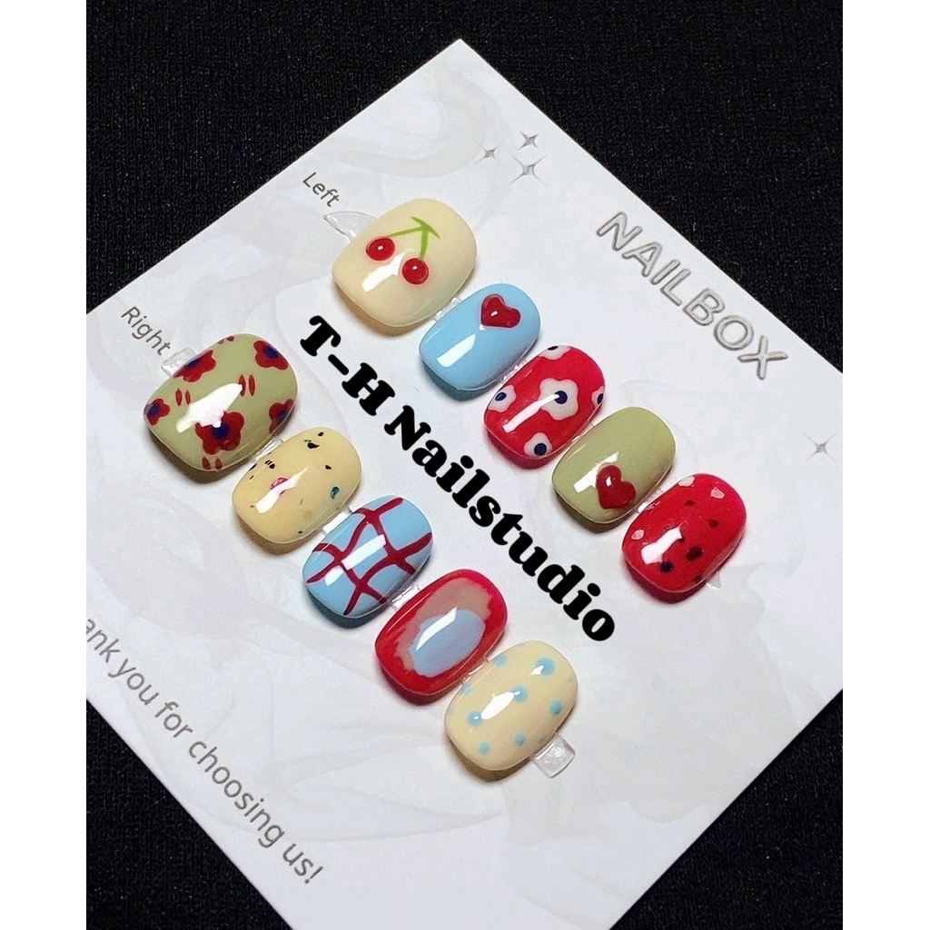 (M035) Bộ móng giả - Nailbox pastel họa tiết cherry & chấm bi - hoa & carro đơn giản cute