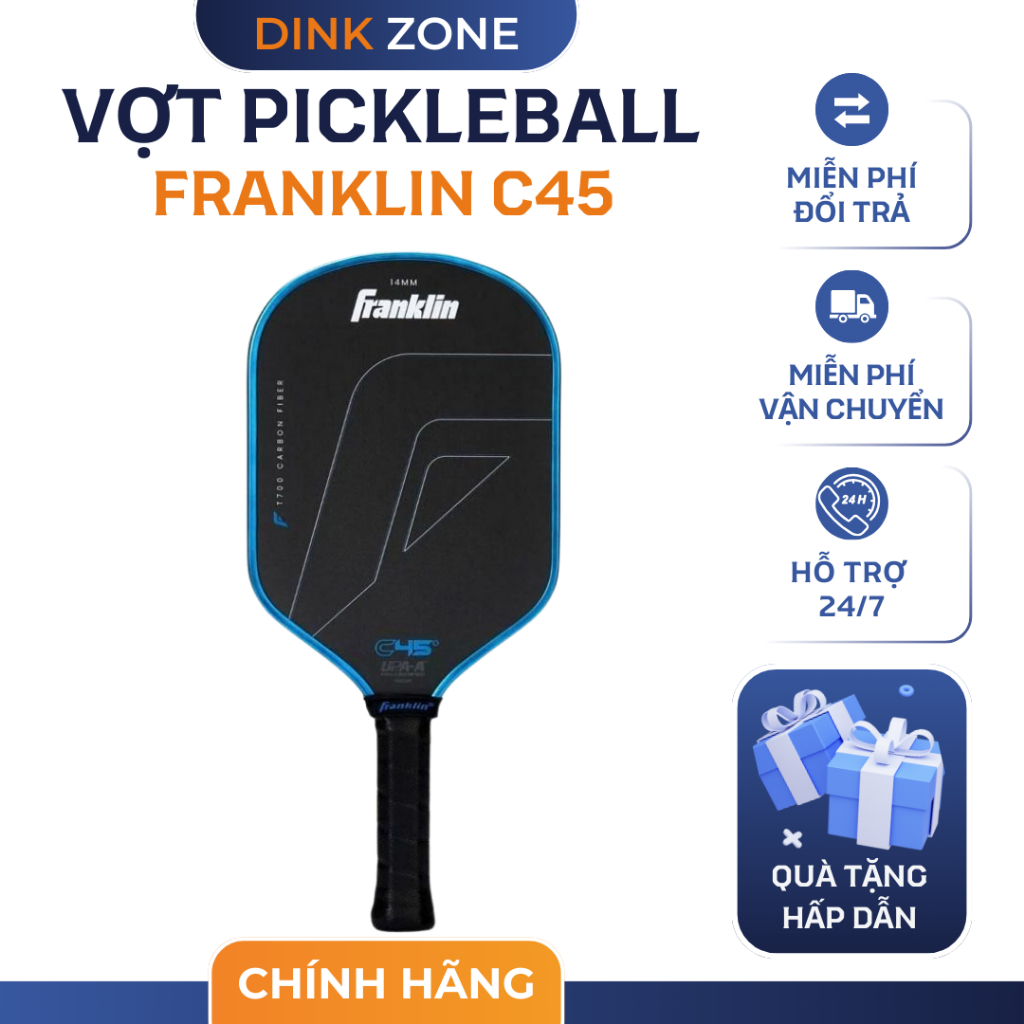 Vợt Pickleball Franklin C45 Chính Hãng – Lõi Polypropylene, Mặt Carbon, Dày 14mm, Tặng Bóng