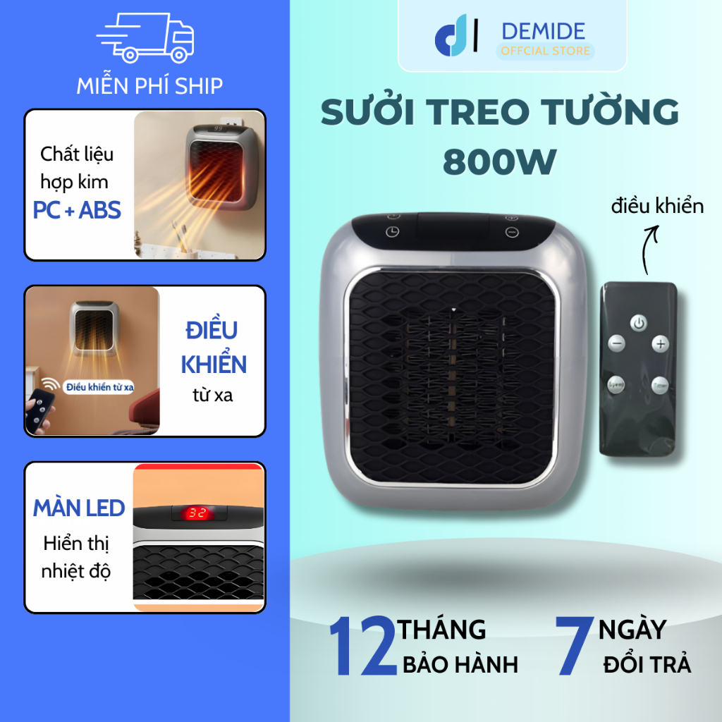Máy sưởi ấm mini DEMIDE treo tường tự ngắt làm nóng nhanh chóng công suất 800W dễ dàng sử dụng