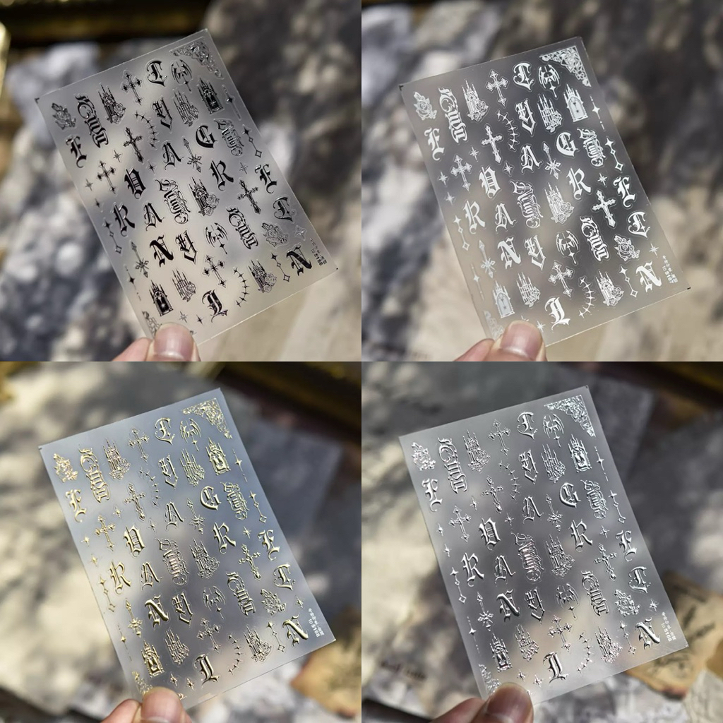 Sticker Nail chữ Gothic trắng đen bạc
