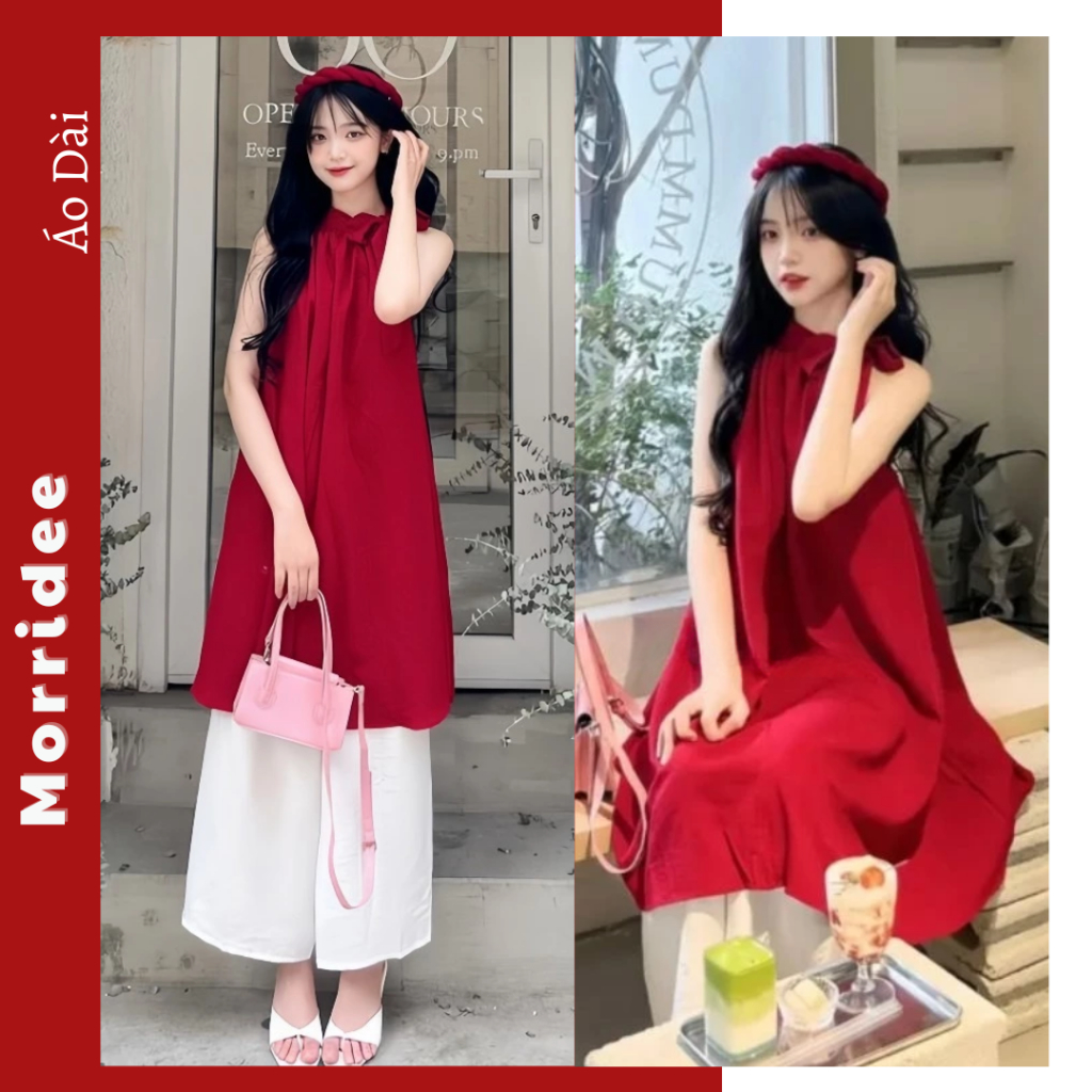 [HÀNG CÓ SẲN ] Áo Dài Đỏ Cổ Yếm NV567 Set Áo Dài Cách Tân Đỏ Cổ Yếm Cột Nơ Kèm Quần Ống Suông Trắng