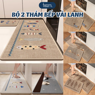 Bộ 2 Thảm Nhà Bếp Vải Lanh Cao Cấp Thấm Nước Thấm Dầu, Thảm Dệt Chống Trượt Dễ Vệ Sinh Có Thể Giặt Máy