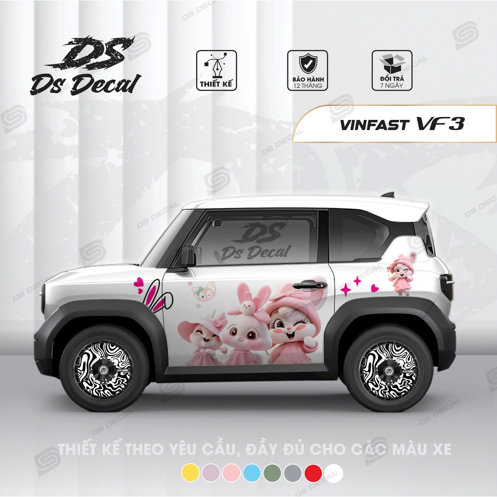 Tem dán xe Vf3 - Ds Decal - Tem thỏ hồng cute - Tem trang trí ngoại thất chống nước, bền màu (2 bên)