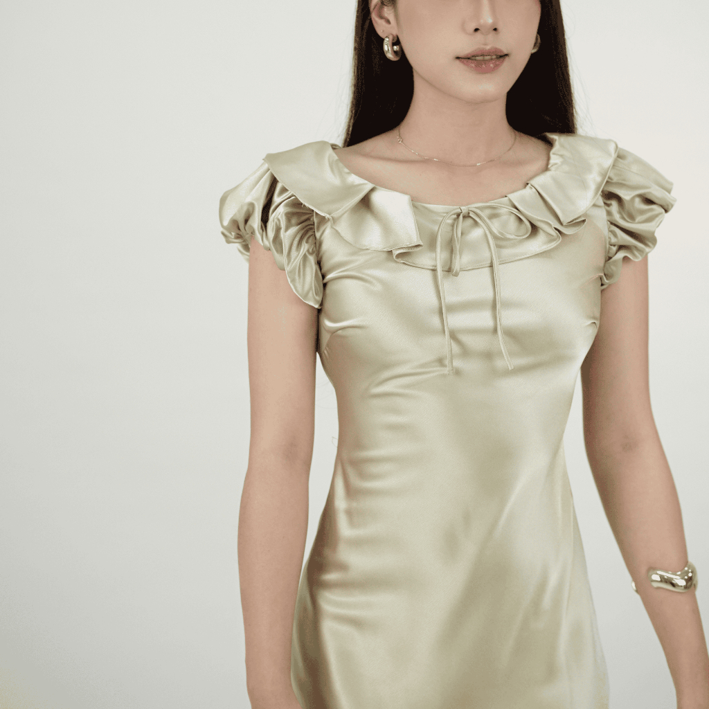 Đầm Lụa Dự Tiệc Tiểu Thư Thiết Kế Cổ Bèo Xếp Tầng Phối Nơ NV819 Váy Lụa Thanh Lịch Sang Trọng | BigBuy360 - bigbuy360.vn
