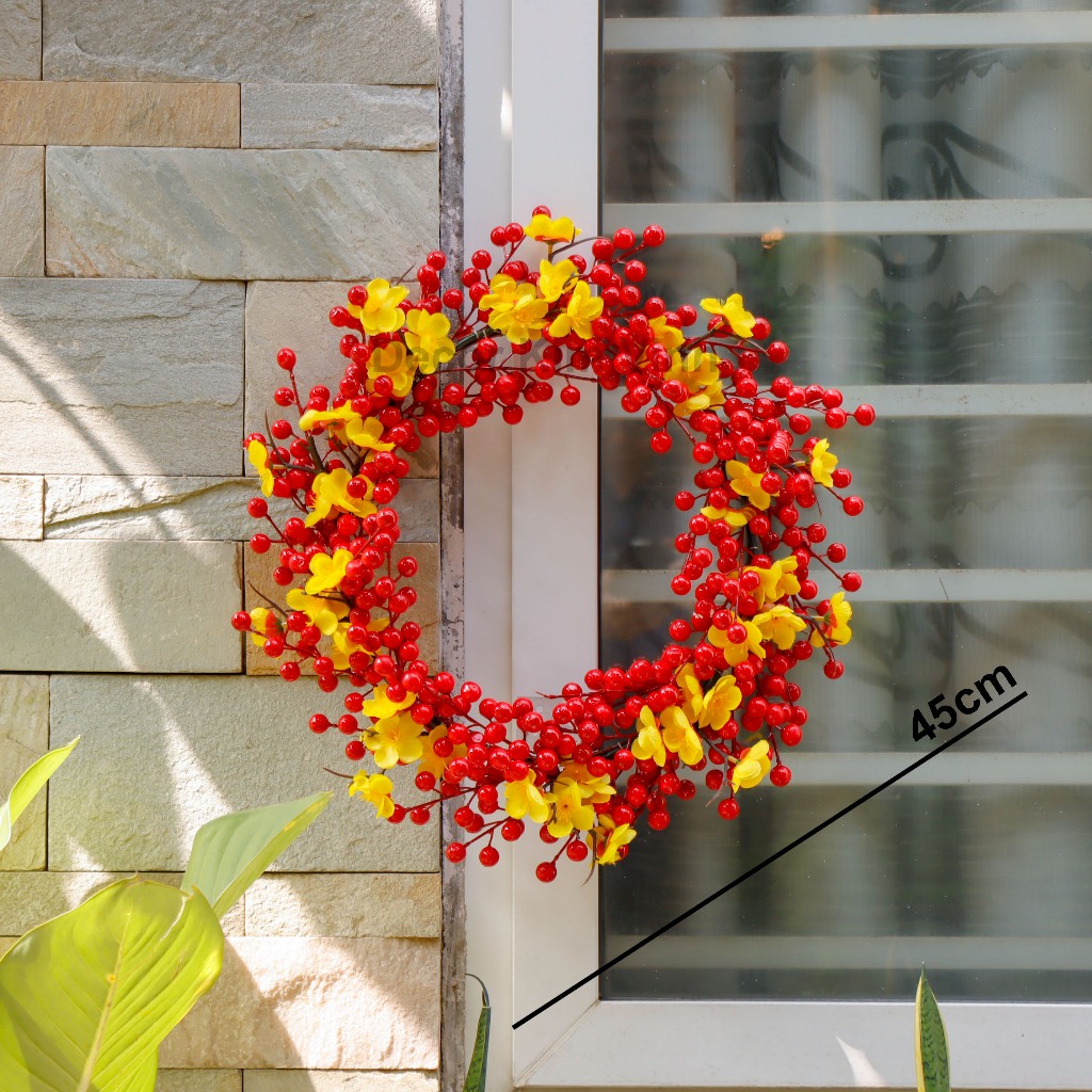 Vòng Hoa Tết - Vòng Quả Đỏ Hoa Mai Đào Trang Trí Tết 45cm H122
