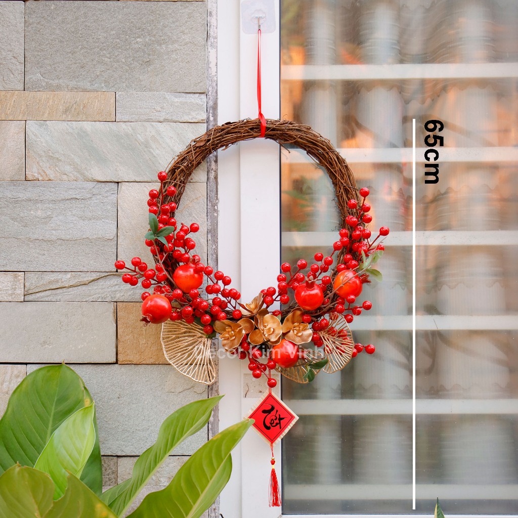 Vòng Hoa Tết - Vòng Quả Đỏ Hoa Mai Đào Trang Trí Tết 35cm H123