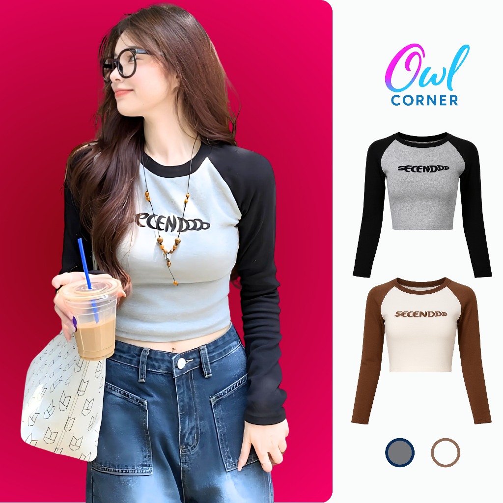 Áo Croptop Tay Dài Cổ Tròn SECEN DOOO Thun Borip Kiểu Nữ CR166, Áo Thun Raglan Ôm Body In Hình OWL C