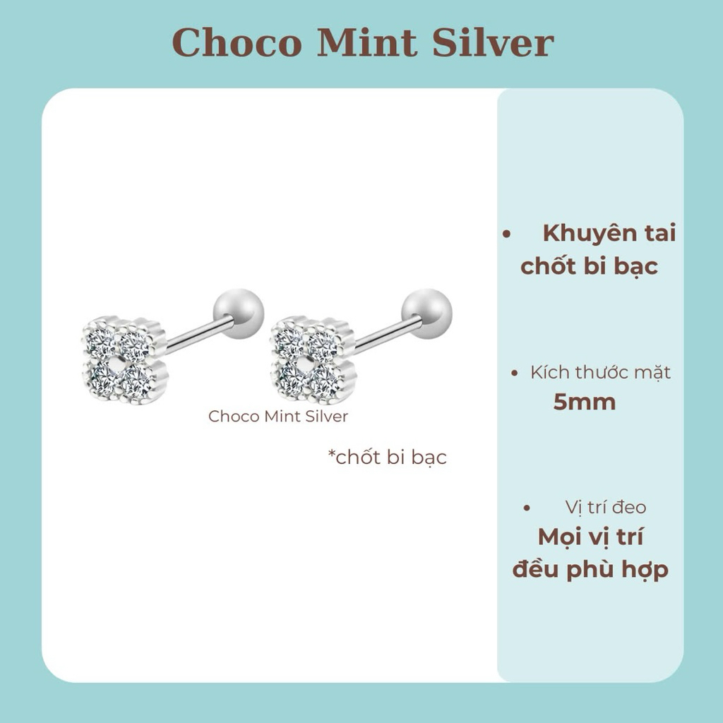 Khuyên tai chốt bi Choco Mint cỏ 4 lá đính 4 đá bi bạc ta, hạn chế rơi chốt; không han gỉ hay phai màu