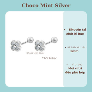 Khuyên tai chốt bi Choco Mint cỏ 4 lá đính 4 đá bi bạc ta, hạn chế rơi chốt; không han gỉ hay phai màu