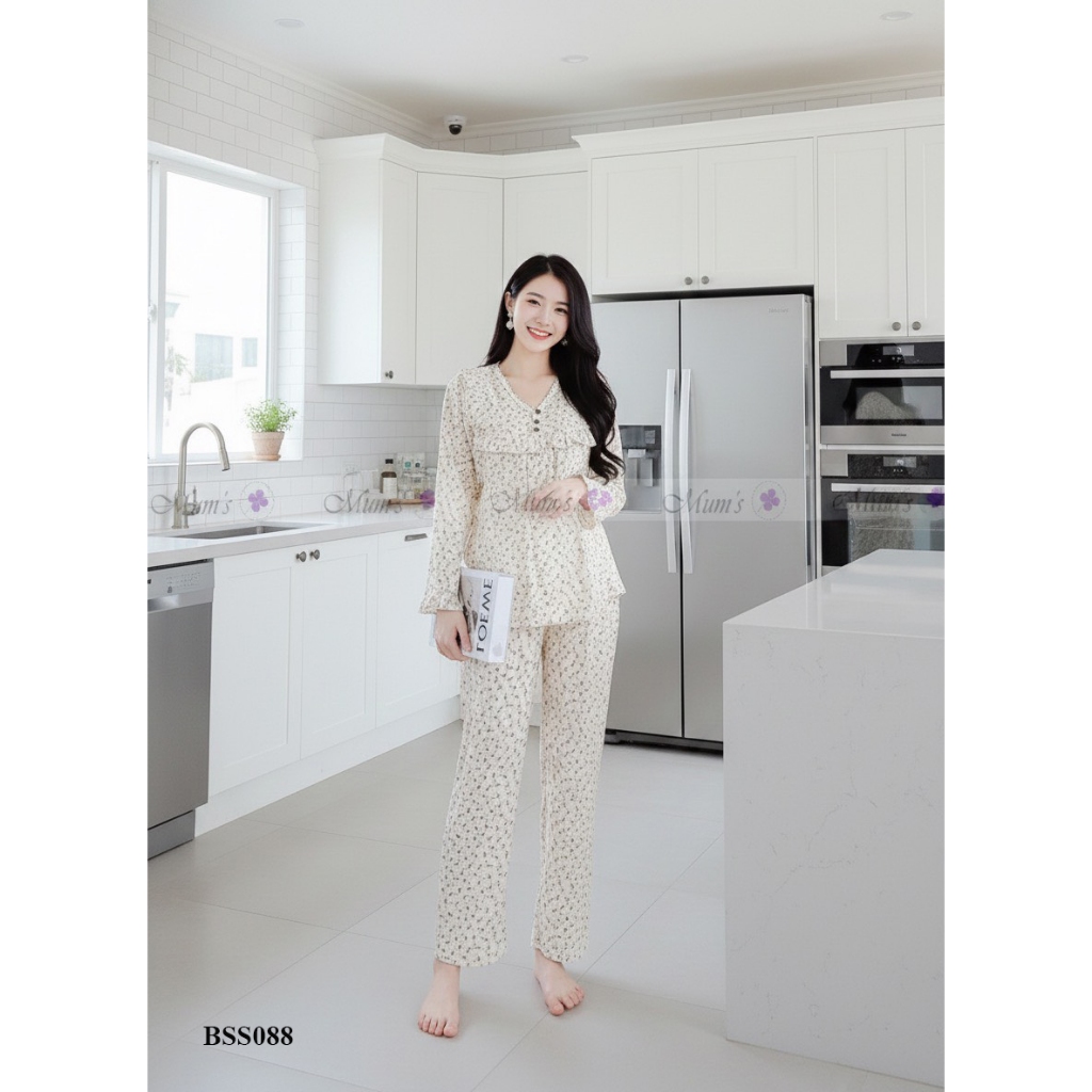 Bộ bầu & sau sinh Mum's shop BSS088 - Đũi kem hoa nhí dài tay
