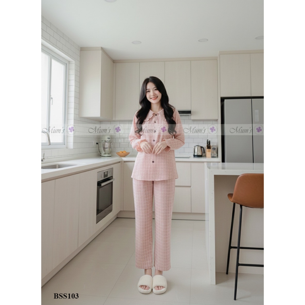 Đồ bộ bầu và sau sinh Mum's Shop BSS103 Bộ caro hồng cổ sen