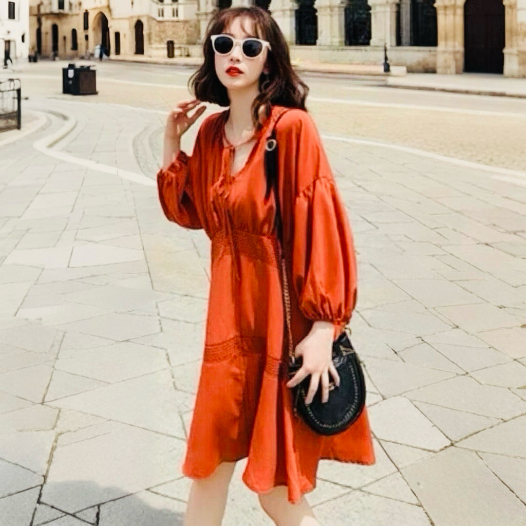 Đầm babydoll cam xếp li eo tay dài (kèm hình thật)